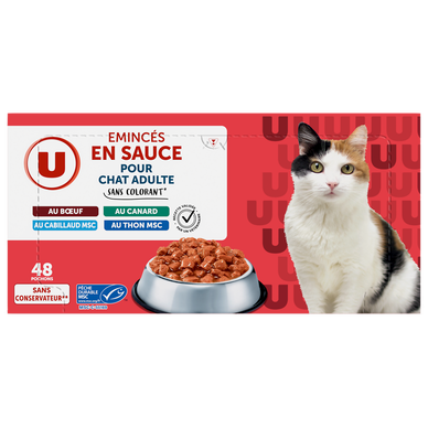 Sachets fraicheur pour chat Emincés en sauce viandes & poissons 48x100g -  Super U, Hyper U, U Express 