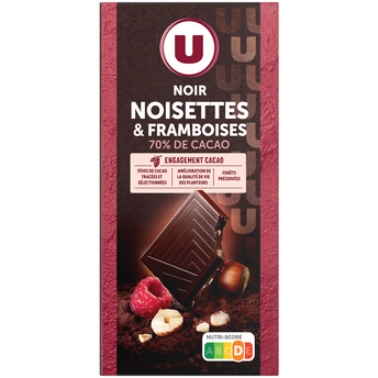 Image de U
Chocolat noir aux éclats de noisettes et framboises, tablette