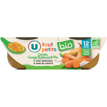 Image de U TOUT PETITS BIO
Plats bébé bols carottes butternut riz dès 12mois, 2x200g origine