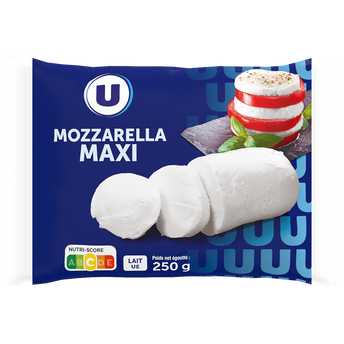 Image de U
Mozzarella maxi au lait de vache pasteurisé 18%mg