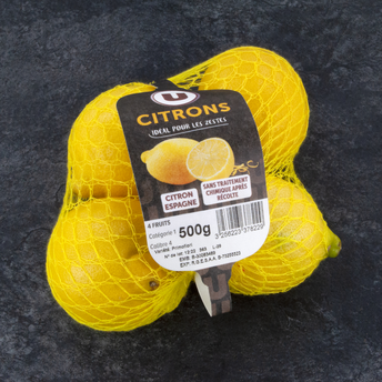 Image de U
Citron jaune Primofiori,  calibre 4, catégorie 1, non traité aprèsrécolte, Espagne, filet 4
