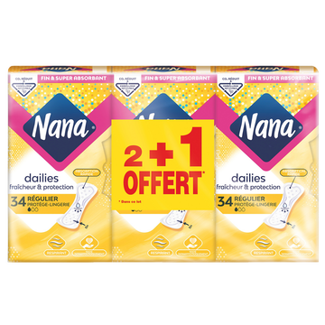 Nana Protège-slip Normal Plat Absorbant Nana, 2 Sachets De 34 + 1 Offert