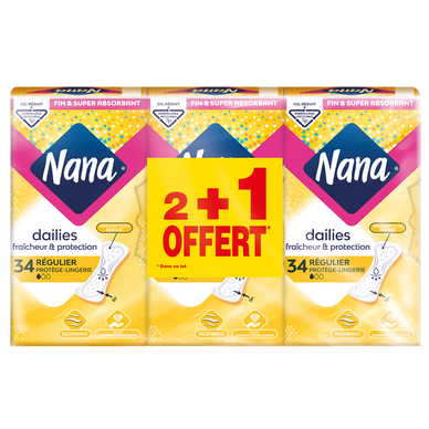 Protège-slip normal plat absorbant NANA, 2 sachets de 34 + 1