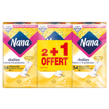 Nana Protège-slip Normal Plat Absorbant Nana, 2 Sachets De 34 + 1 Offert