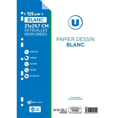 Papier dessin 21x29,7cm 120g 50 feuilles couleurs - Super U, Hyper U, U  Express 