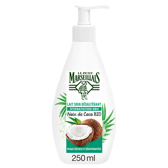 Image de Lait soin corps peaux seches désaltérant hydratation 48H noix de cocoLE PETIT MARSEILLAIS, flacon de