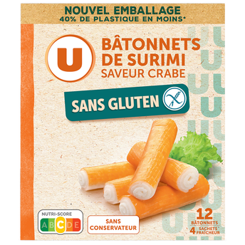 Image de U SANS GLUTEN
Bâtonnets de surimi saveur crabe sans gluten