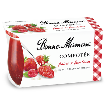 Image de Dessert fruitier compotée Fraises Framboises Fleur de Sureau BONNE MAMAN - 2 pots