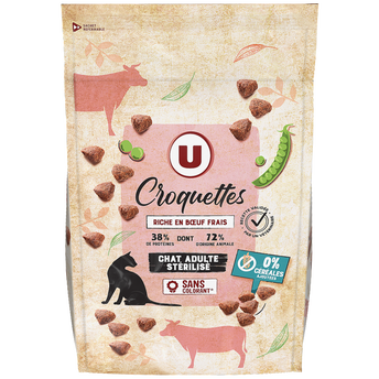 Image de U
Croquettes sans céréales.riche en boeuf frais pour chat adulte stérilisé