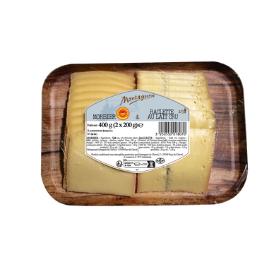 Barquette Raclette Duo Fromage à Raclette nature et Morbier, Le Montagnon, barquette de ...