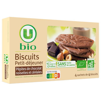 Image de U BIO
Biscuits petit déjeuner pépites chocolat et noisettes bio paquet