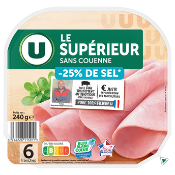 Image de U
Jambon Supérieur sans couenne -25% sel - x6 tranches