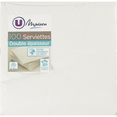 Serviettes en papier blanc 33x32cm 100 nités - Super U, Hyper U, U