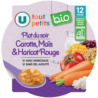 Image de U TOUT PETITS BIO
Plat bébé assiette carotte, tomate, maïs, haricots rouges dès 12