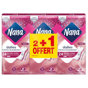 Nana Protège-slip Extra Long Vitamine E Nana, 2 Paquets De 24 + 1 Gratuit