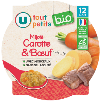 Image de U TOUT PETITS BIO
Plat bébé assiette mijoté de carottes et boeuf dès 12 mois, 230g origine