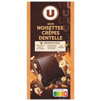 Image de U
Chocolat noir noisettes et éclats de crêpes dentelle, tablette