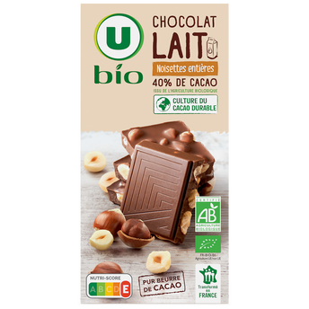 Image de U BIO
Chocolat au lait et noisettes entières - tablette