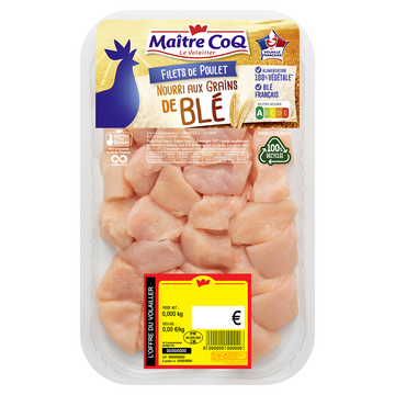 Maître Coq Cubes De Filet De Poulet Blanc Nourri Au Blé, Maitre Coq, France, Barquette Sous Atmosphère, 450g.