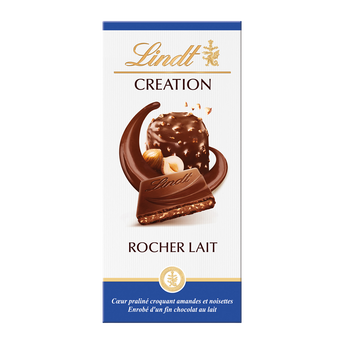Image de Chocolat au lait et pralinés rocher lait Création l'authentique LINDT,Tablette de