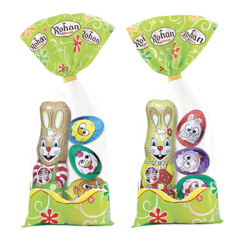 Image de Moulage Lapin et oeufs en chocolat au lait sous aluminium ROHAN, sachet de