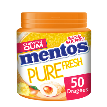Image de Chewing-gum sans sucre goût tropical MENTOS, boîte de 50 dragées