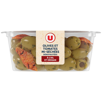 Image de U SAVEURS
Olives vertes dénoyautées aux tomates mi-séchés à l'ail et à