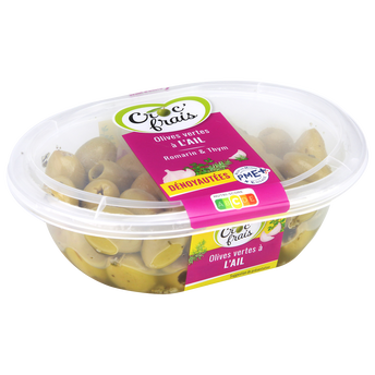 Image de Olives vertes dénoyautées à l'ail, CROC FRAIS, barquette