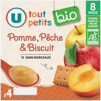 Image de U TOUT PETITS BIO
Petits pots bébé dessert pomme pêche biscuit dès 8 mois