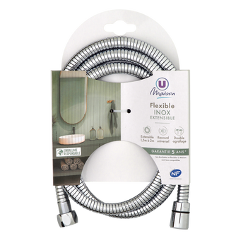 Image de U MAISON
Flexible en inox extensible 1,5/2m chromé-double agrafage-résistance traction 50kg-norme NF-régulateur dedébit 12l/min-raccord