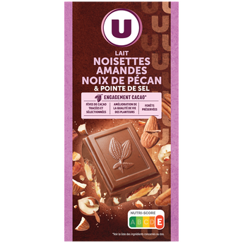 Image de U
Chocolat au lait aux amandes,noisettes et noix de pécan et pointe de sel  Tablette de
