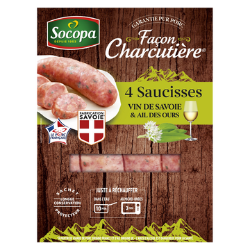 Socopa Saucisse Au Vin De Savoie Et Ail Des Ours Socopa, France, 4 Pièces, Barquette, 320g