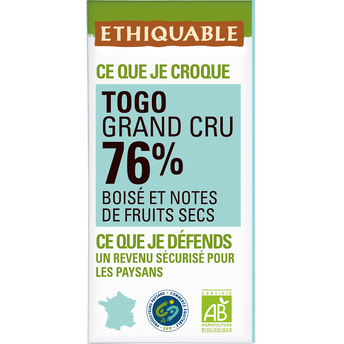 Image de Chocolat noir 76% cacao Togo bio ETHIQUABLE, tablette