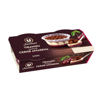 Image de U SAVEURS
Dessert pâtissier au mascarpone avec cerises aromatisées 22% et génoise saupoudrée de cacao