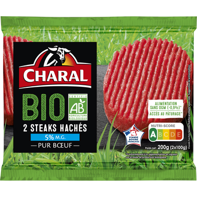 Steak haché, 5% MAT.GR, BIO, CHARAL, France, 2 pièces, Barquette