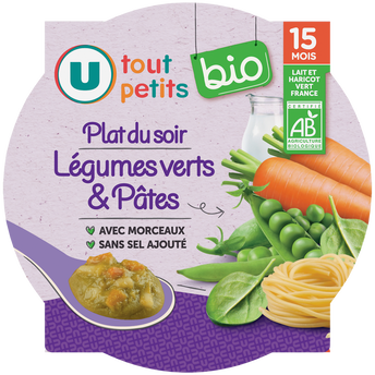 Image de U TOUT PETITS BIO
Plat bébé assiette de soir aux légumes verts et pâtes bio dès15