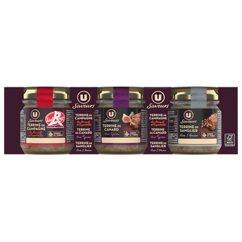 Image de U SAVEURS
Terrine de campagne, de canard et de sanglier - 3 terrines de