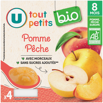Image de U TOUT PETITS BIO
Petits pots bébé dessert pomme et pêche avec morceaux dès 8 mois