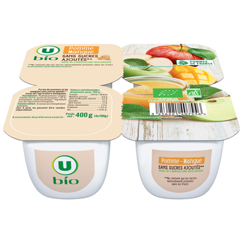 Image de U BIO
Dessert fruitier Purée de pomme et mangue 4 coupelles de 100g