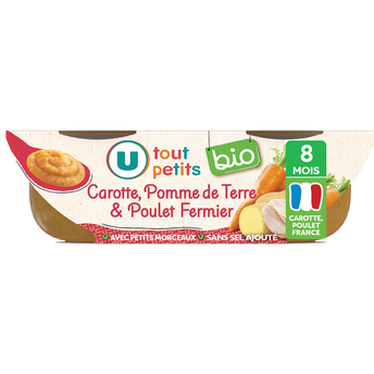 Image de U TOUT PETITS BIO
Plats bébé bols repas Bébé carottes pomme de terre poulet, dès 8