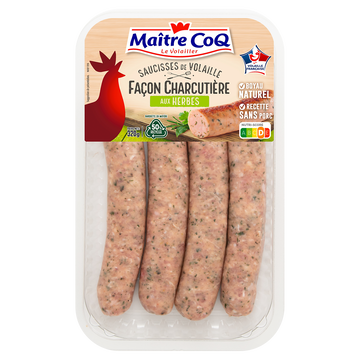 Maître Coq Saucisse De Volaille Aux Herbes Façon Charcutière, Maitre Coq, 4 Pièces, Barquette 320g