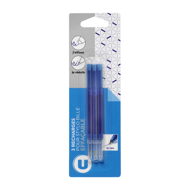 Recharge pour stylo bille gel effaçable bleue - x3 - Super U, Hyper U, U  Express 