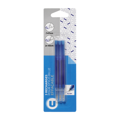 Recharge pour stylo bille gel effaçable bleue - x3 - Super U