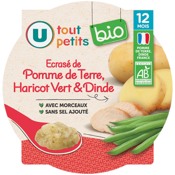 Image de U TOUT PETITS BIO
Plat bébé assiette écrasé de pomme de terre haricots verts dinde