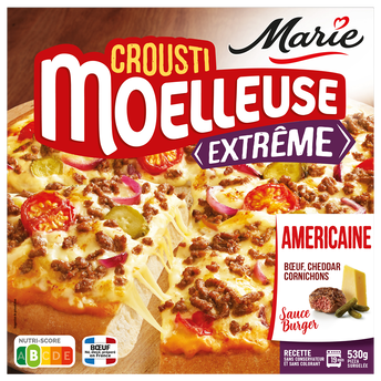 Image de Pizza crousti moelleuse extrême l'américaine à la mozzarella, sauce burger, boeuf, cheddar et cornichons MARIE