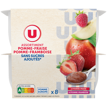 Image de U
Dessert fruitier de pommes, fraises et pommes, framboises sans sucresajoutés 8 pots de