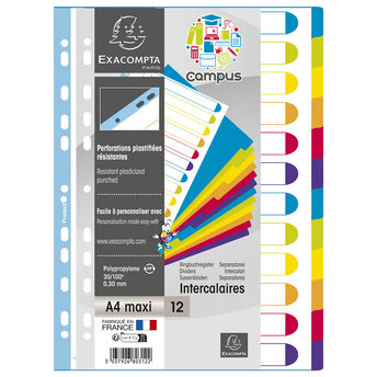Image de Intercalaire 12 positions Campus EXACOMPTA, perforation 11 trous, 23x29,7cm, coloris vifs assortis