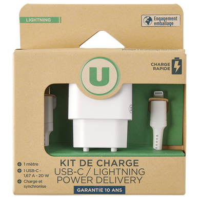 Kit chargeur secteur USB-C 20w+câble Lightning/USB-C 1m blanc - Super U,  Hyper U, U Express 