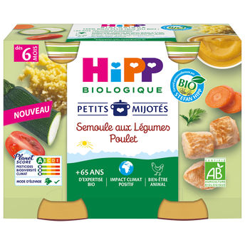 Image de Petits mijotés semoule aux légumes poulet dés 6 mois HIPP BIOLOGIQUEpots