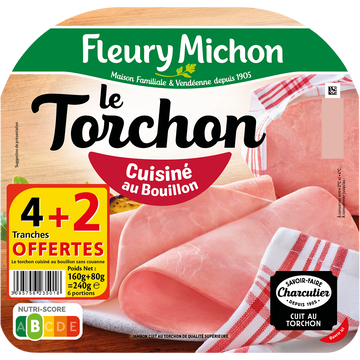Fleury Michon Jambon Cuit À L'étouffée Le Torchon Sans Couenne Fleury Michon, 4 Tranches + 2 Offertes Soit 240g